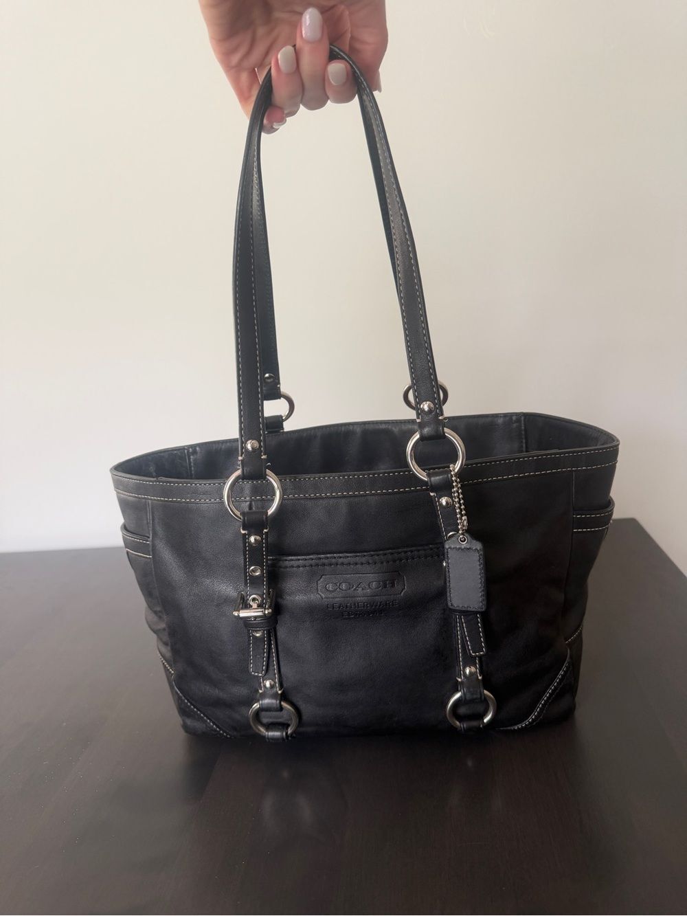 Coach Black Leather Tote Satchel - Picture 2 of 7